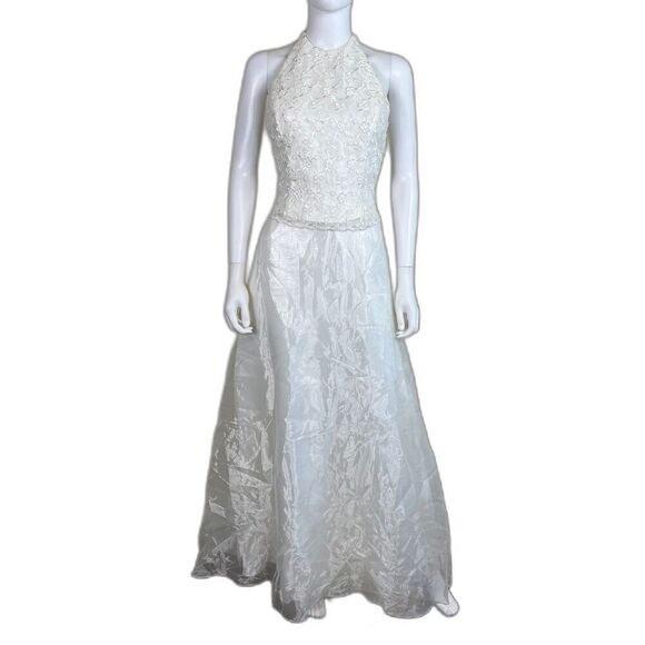 Vintage Jessica Mcclintock Bridal Women's Size 6 Ivory Floral Halter Maxi Dress - Picture 1 of 15